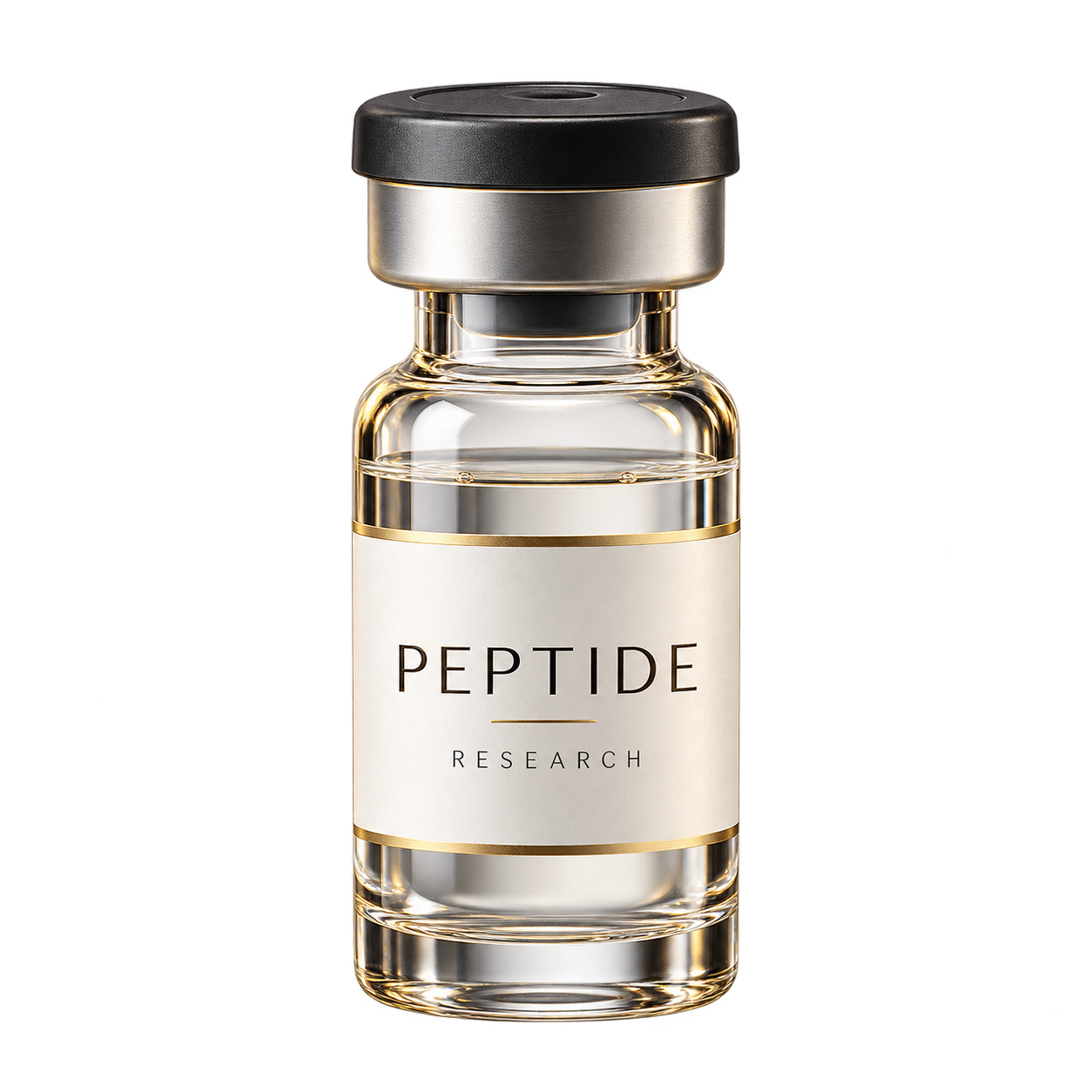 A clean glass peptide research vial with a silver cap